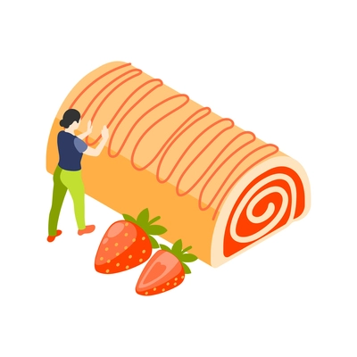 Bakery people isometric composition with small female character applying jam to strawberry biscuit vector illustration