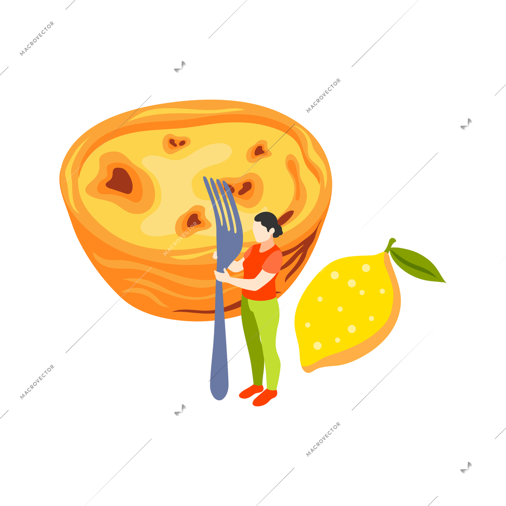 Bakery people isometric composition with woman holding fork and egg tart vector illustration