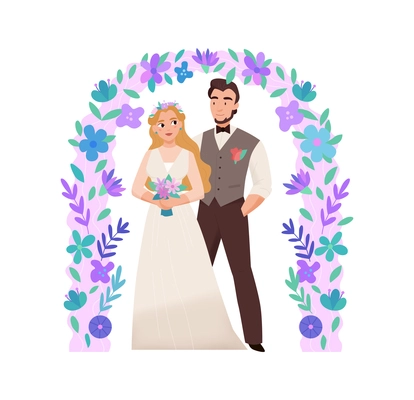 Marriage ceremony wedding day composition with characters of bride and groom in floral arch vector illustration