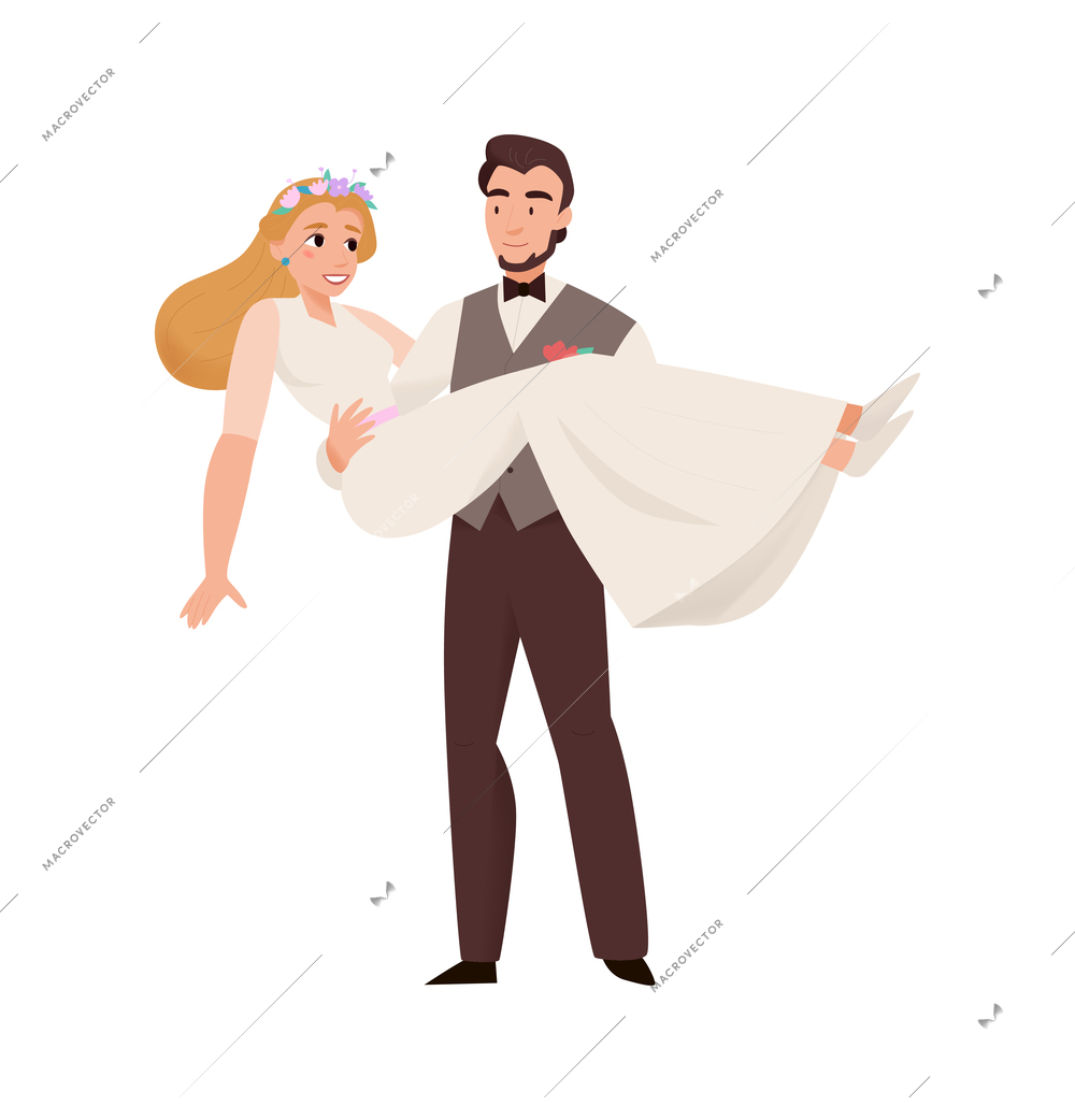 Marriage ceremony wedding day composition with groom holding bride in his arms vector illustration