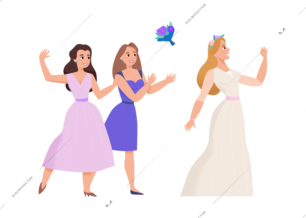 Marriage ceremony wedding day composition with bride throwing bunch of flowers to friends vector illustration