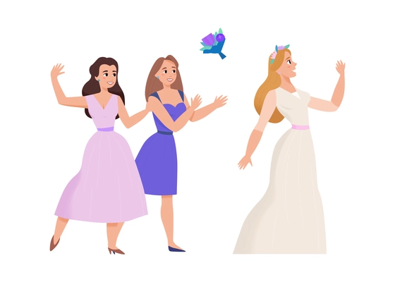 Marriage ceremony wedding day composition with bride throwing bunch of flowers to friends vector illustration