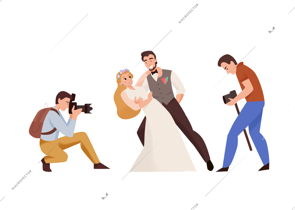 Marriage ceremony wedding day composition with pair of photographers shooting newly wedded couple vector illustration