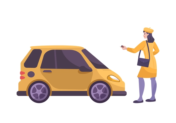 Parking flat composition with character of female driver locking her car vector illustration