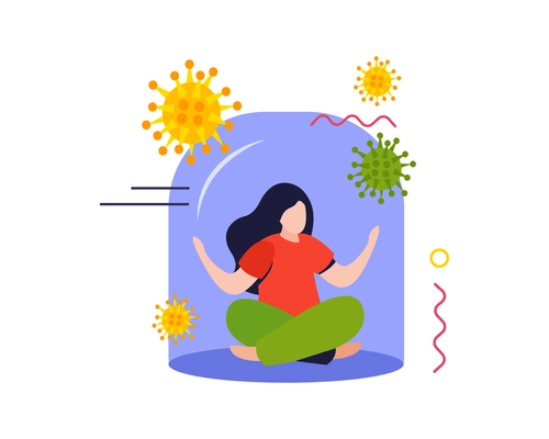 Hygiene protection flat composition with woman in glass bulb with virus bacteria vector illustration