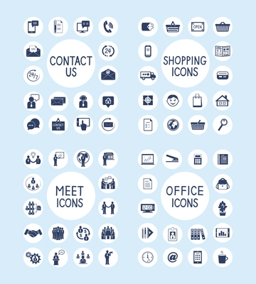 Business people meeting contact us customer care internet shopping marketing and office stationery supplies icons set isolated vector illustration