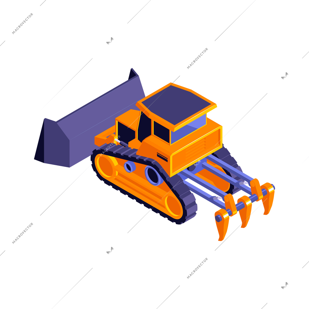 Isometric road construction roller composition with isolated image of dump bulldozer vector illustration