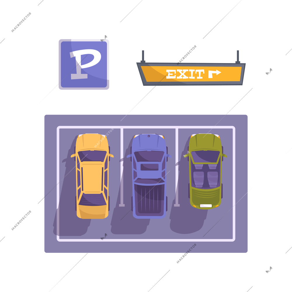 Parking flat composition with top view of three cars in slots with parking sign and exit arrow vector illustration