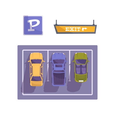 Parking flat composition with top view of three cars in slots with parking sign and exit arrow vector illustration