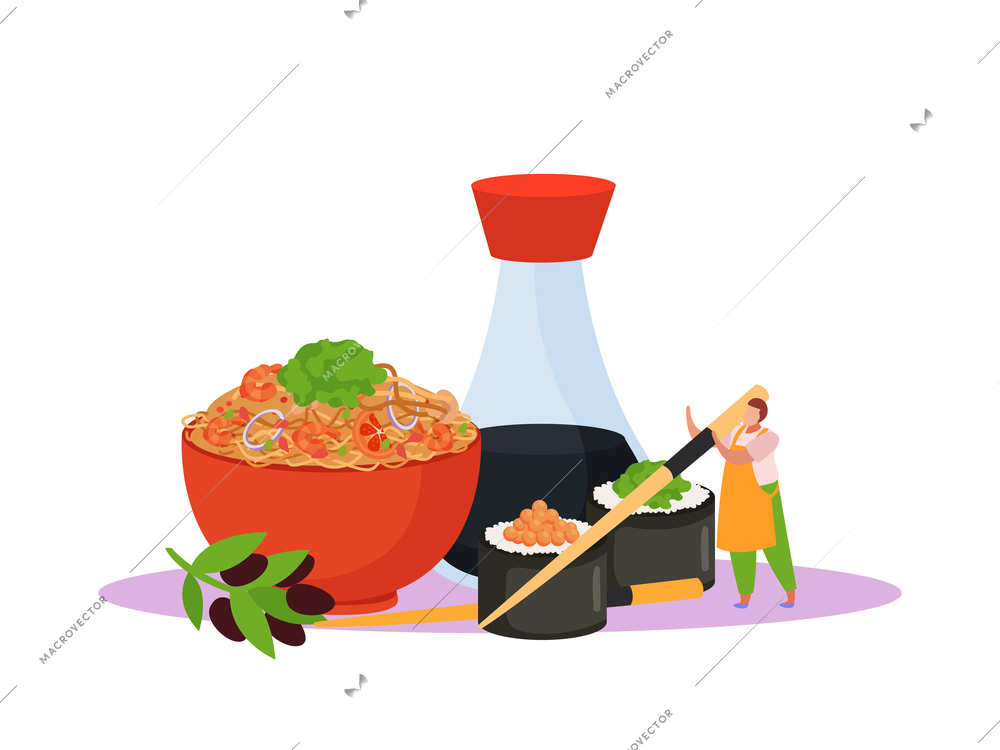 Wok box flat composition with noodles in plate soy sauce and human character of cook vector illustration