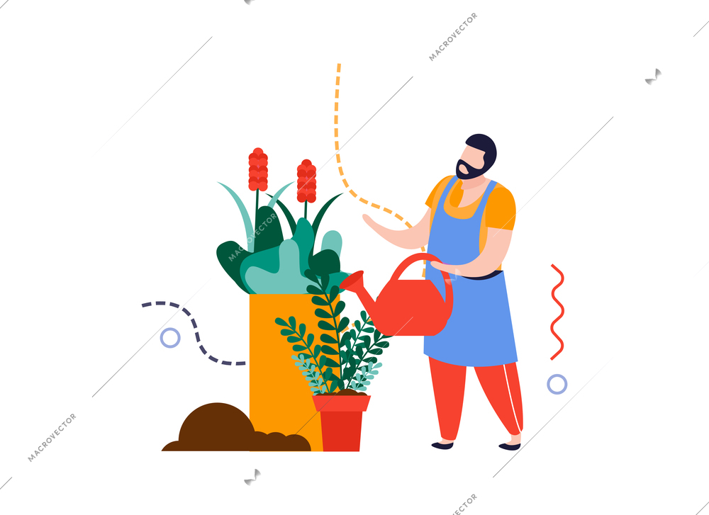 Home garden flat composition with male character watering home plants in pots vector illustration