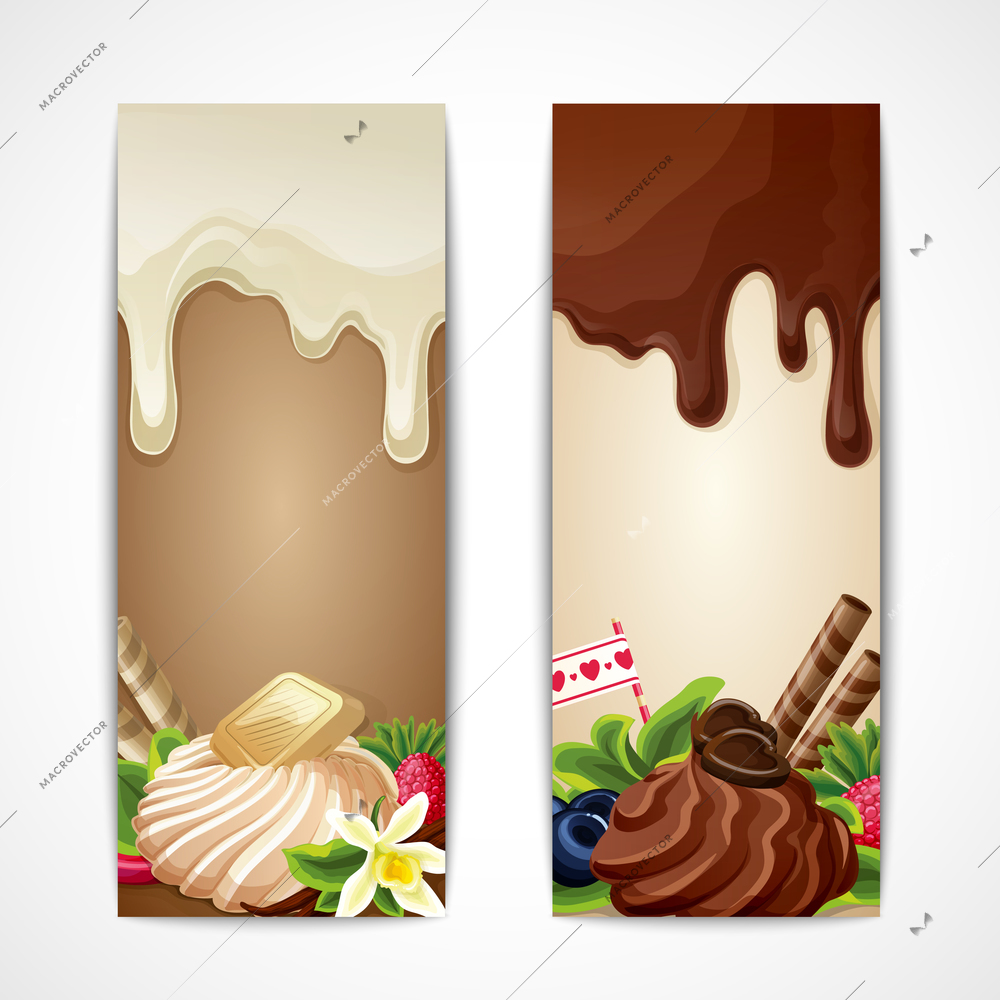 Sweets dessert food dark and white chocolate vanilla berries banners vertical vector illustration