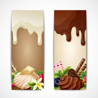 Sweets dessert food dark and white chocolate vanilla berries banners vertical vector illustration