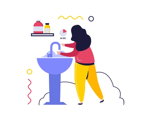 Hygiene protection flat composition with female character washing her hands for twenty seconds vector illustration