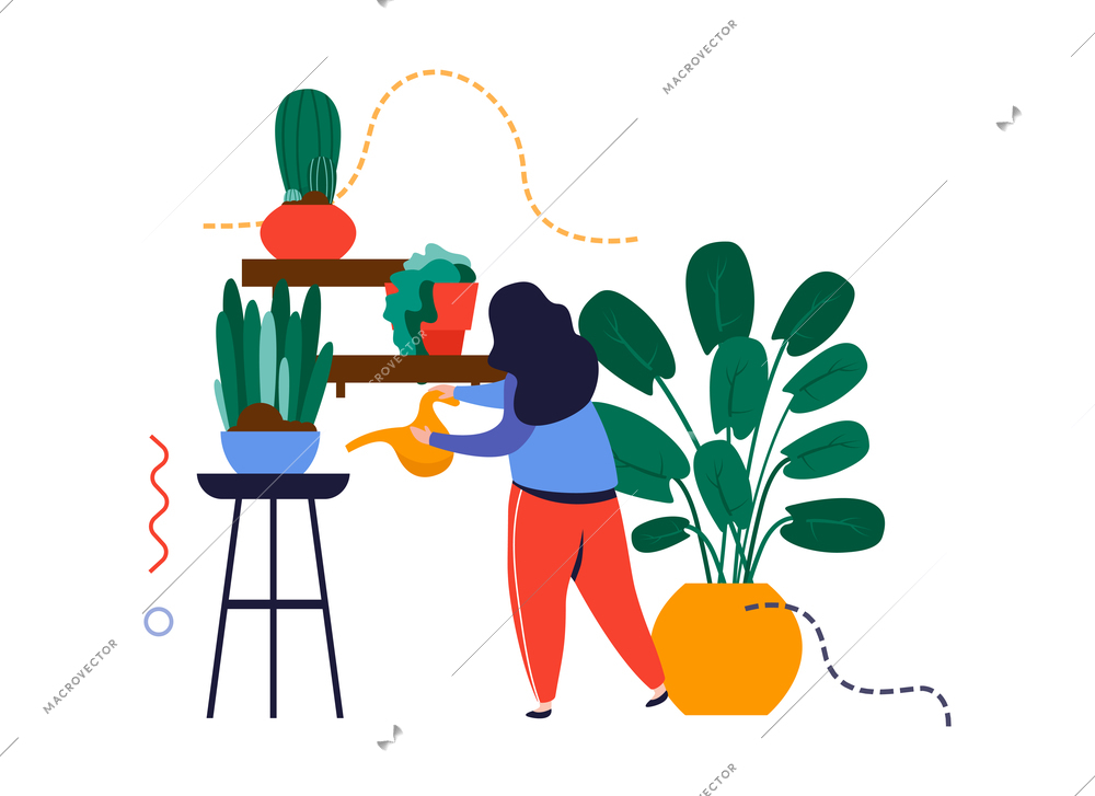 Home garden flat composition with character of woman watering flowerpots with plants vector illustration