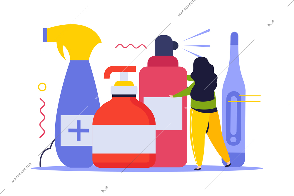 Hygiene protection flat composition with female character and antibacterial sprays alcohol gel vector illustration