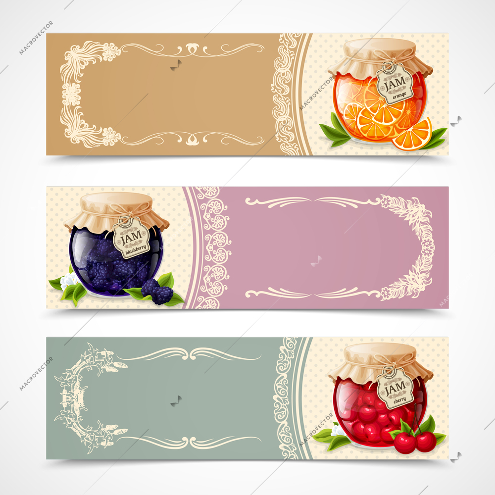 Natural organic orange blackberry and cherry jam in glass jar horizontal banners set isolated vector illustration