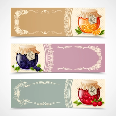 Natural organic orange blackberry and cherry jam in glass jar horizontal banners set isolated vector illustration