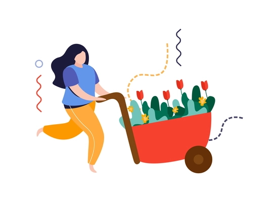 Home garden flat composition with woman moving trolley full of plants vector illustration
