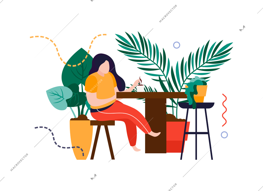 Home garden flat composition with woman sitting at table surrounded by home plants vector illustration