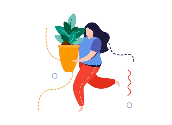 Home garden flat composition with female character carrying flowerpot with home plant vector illustration