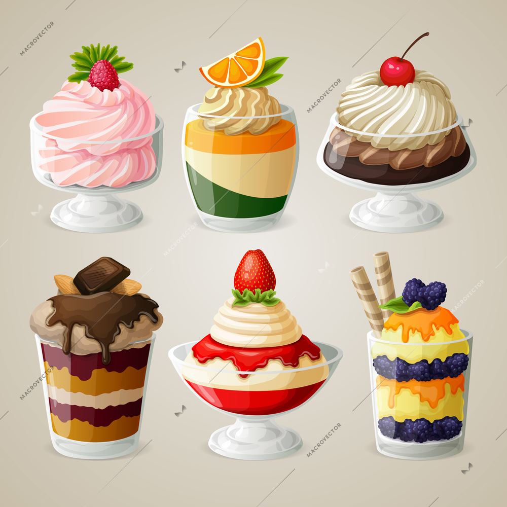 Decorative sweets food ice cream in glass desserts with sugar syrup fruits vector illustration