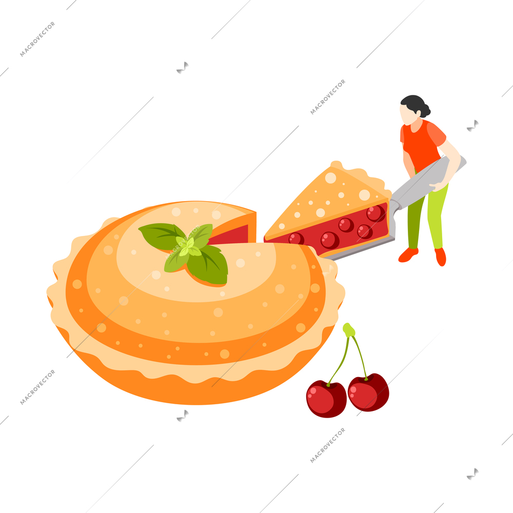 Bakery people isometric composition with small female character taking away slice of cherry cake vector illustration