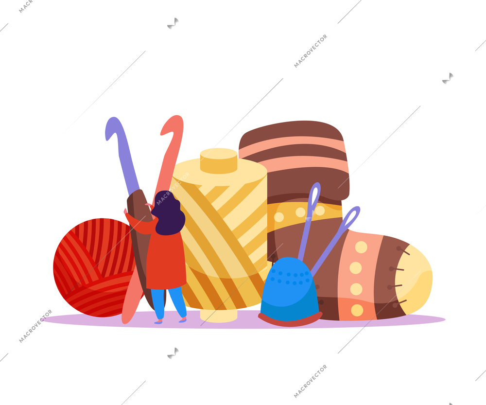 Knitting flat composition with female character holding hooks with clews sewing spool and sock vector illustration