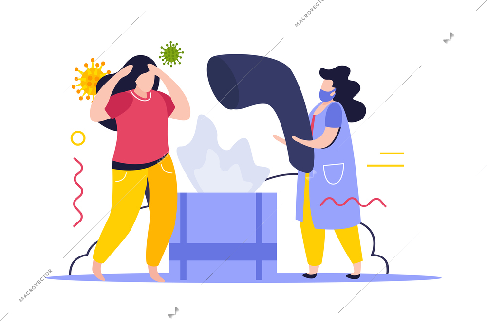 Hygiene protection flat composition with female characters of doctor and patient with contactless thermometer and napkins vector illustration