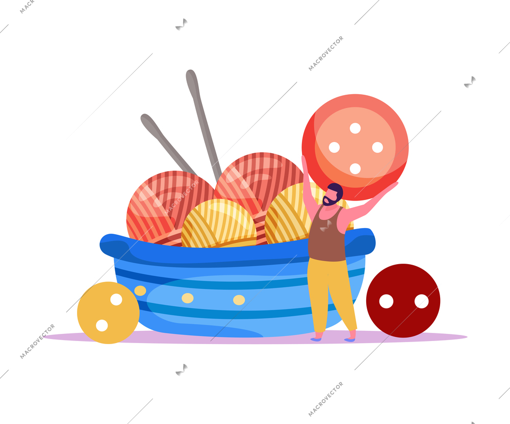 Knitting flat composition with male character holding button with needles and clews vector illustration