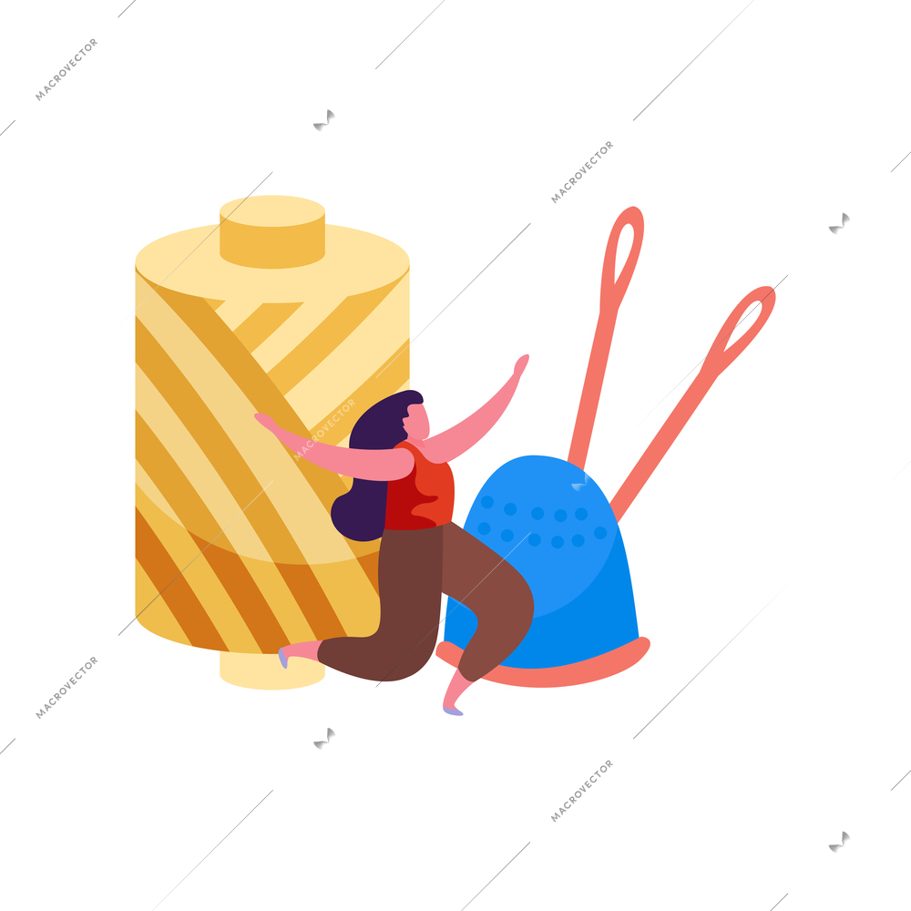 Knitting flat composition of female character with sewing spool and pair of needles vector illustration