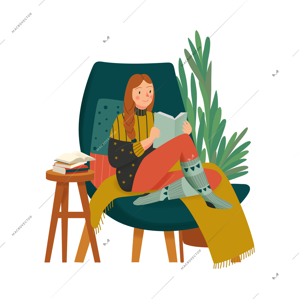 Cozy home composition with character of girl in warm clothes reading book in lounge chair vector illustration