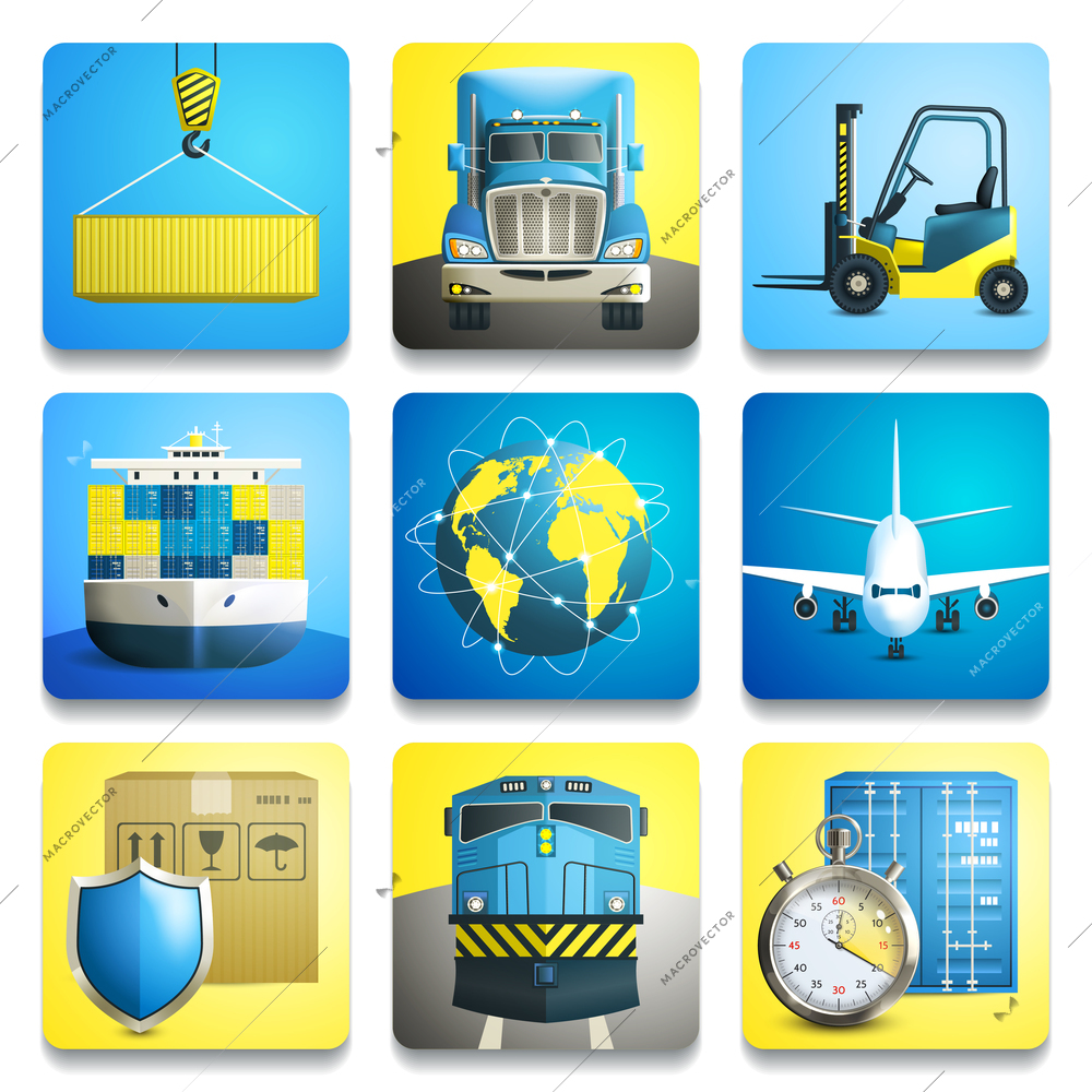 Logistic shipping realistic icons set of truck airplane train isolated vector illustration