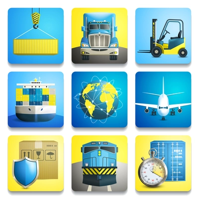 Logistic shipping realistic icons set of truck airplane train isolated vector illustration