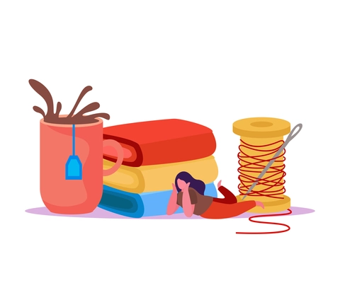 Knitting flat composition with lying woman and stacked towels with sewing spool and cup of tea vector illustration