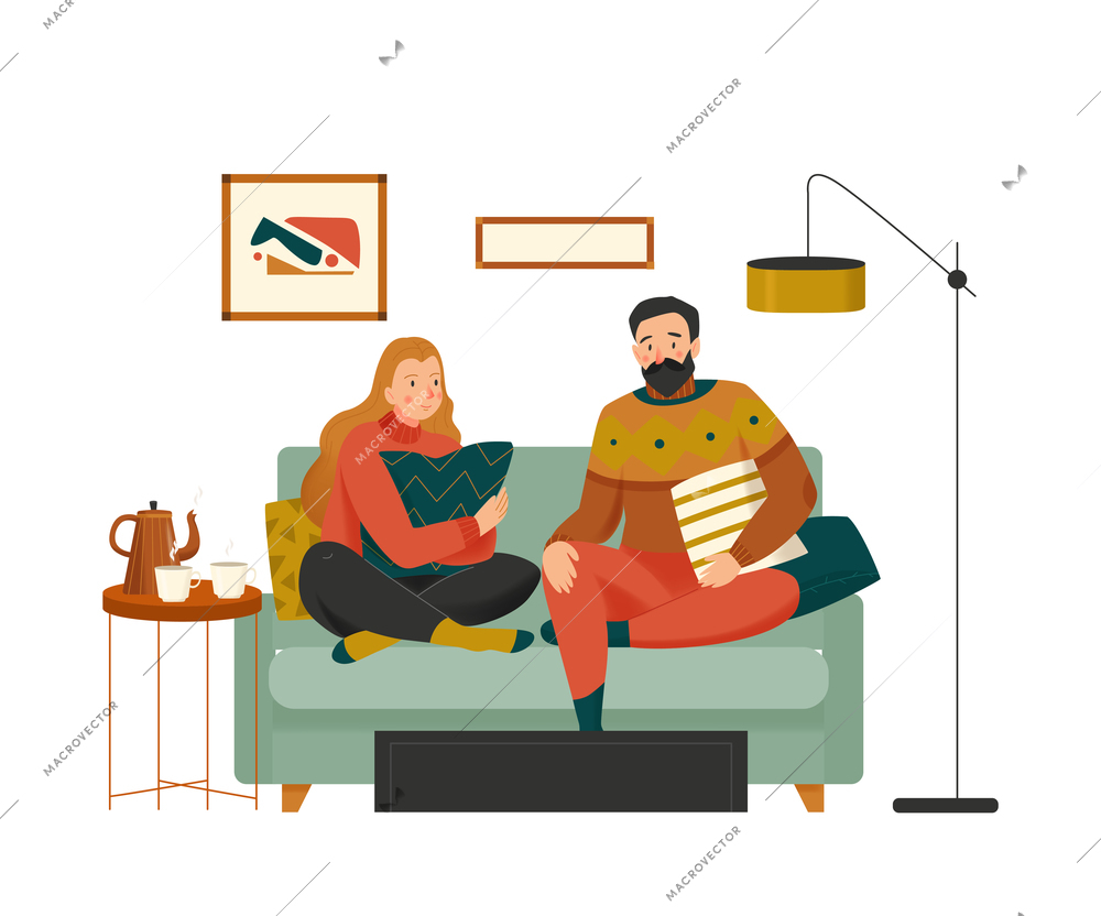 Cozy home composition with home interior with pillows and couple relaxing on sofa of vector illustration