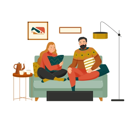 Cozy home composition with home interior with pillows and couple relaxing on sofa of vector illustration