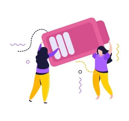 Low energy people composition with two women carrying big battery symbol vector illustration