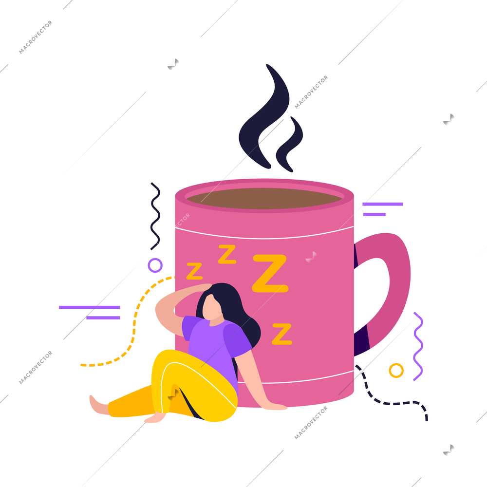Low energy people composition with sleepy female character in front of cup of coffee vector illustration