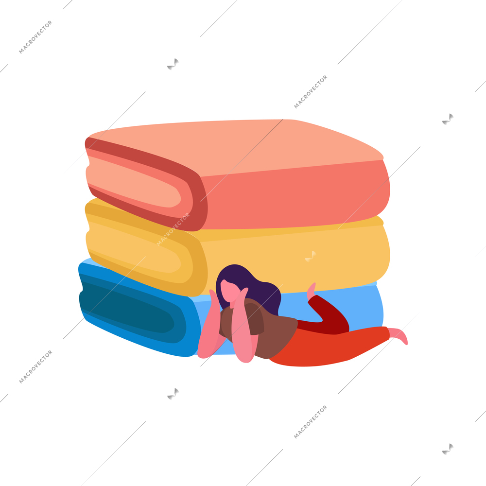 Knitting flat composition with stack of colorful towels with lying girl vector illustration