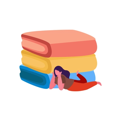 Knitting flat composition with stack of colorful towels with lying girl vector illustration