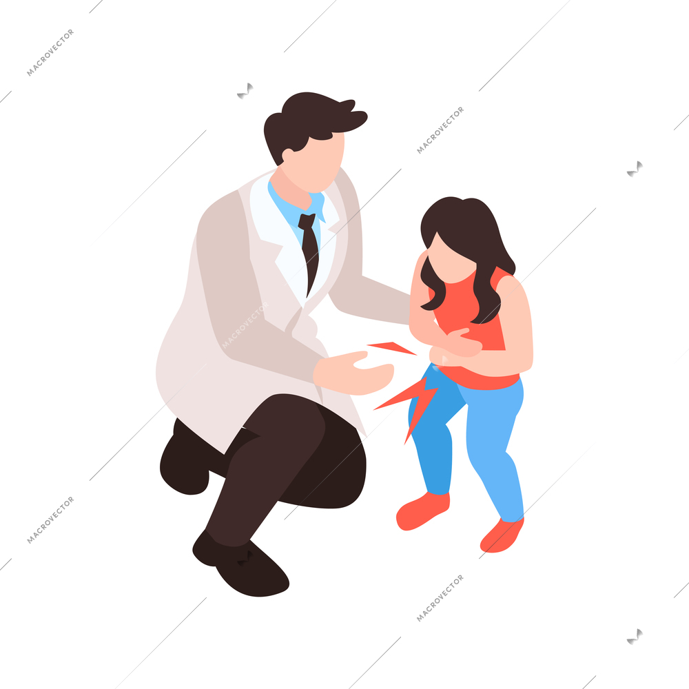 Isometric gastroenterology composition with doctor and little girl holding her sick stomach vector illustration