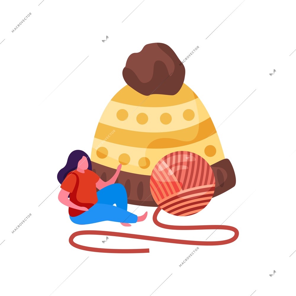 Knitting flat composition with woman sitting near knitted hat with clew vector illustration