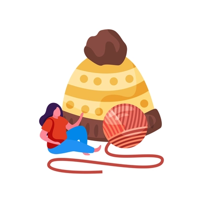 Knitting flat composition with woman sitting near knitted hat with clew vector illustration