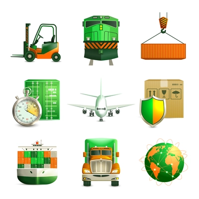 Logistic shipping realistic green color icons set of truck airplane train isolated vector illustration