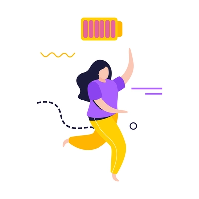 Low energy people composition with running female character with charged battery symbol vector illustration