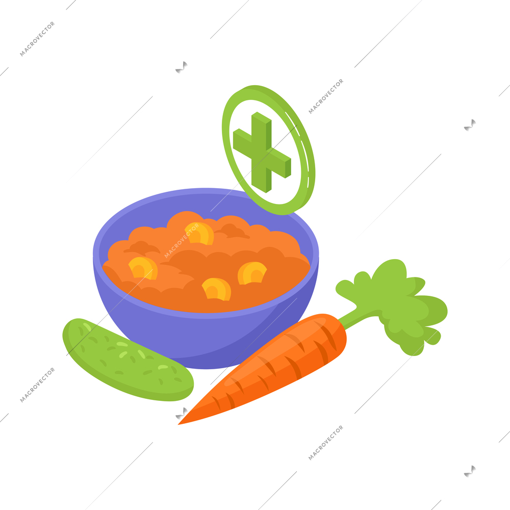 Isometric gastroenterology composition with images of cucumber with carrot and porridge vector illustration