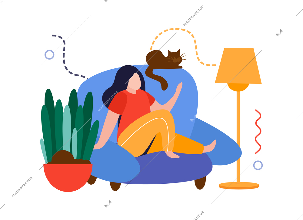 Home garden flat composition with girl sitting on sofa with cat and home plant vector illustration