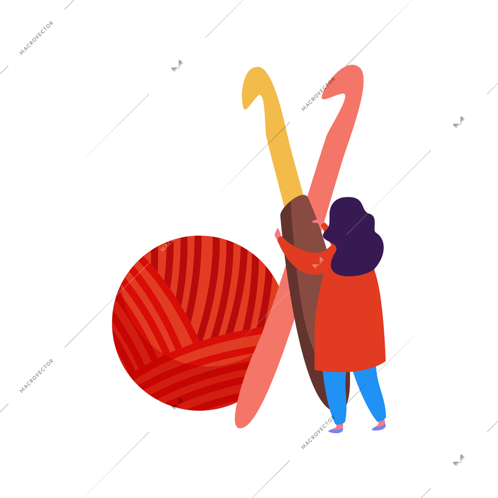 Knitting flat composition with female character holding two knitting hooks with red clew vector illustration