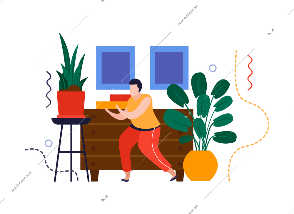 Home garden flat composition with home interior elements and man caring for home plants vector illustration